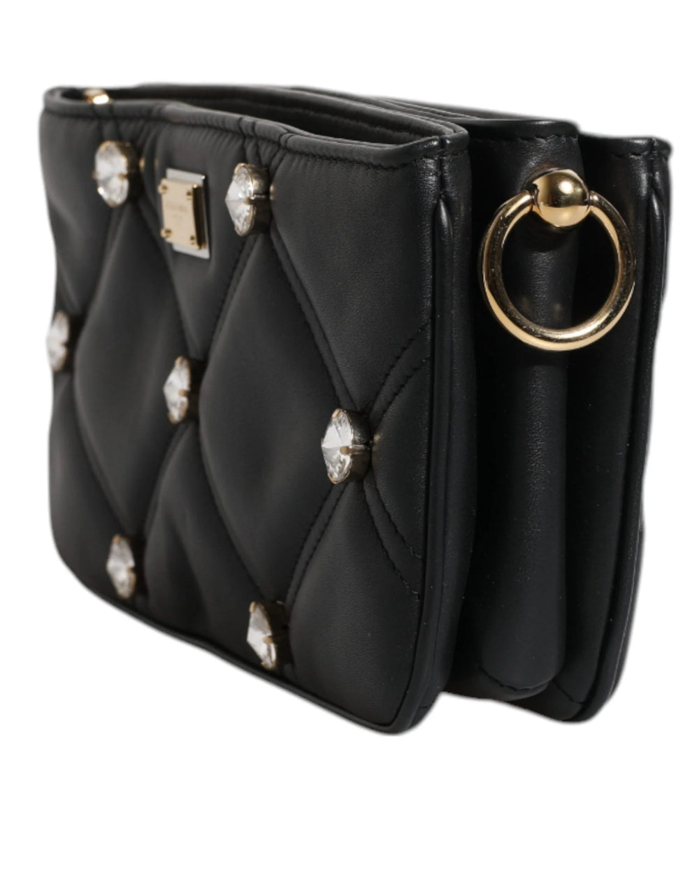 Dolce & Gabbana Black Leather Crystal Embellished Logo Shoulder Bag - Shoulder Bags