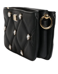 Dolce & Gabbana Black Leather Crystal Embellished Logo Shoulder Bag - Shoulder Bags