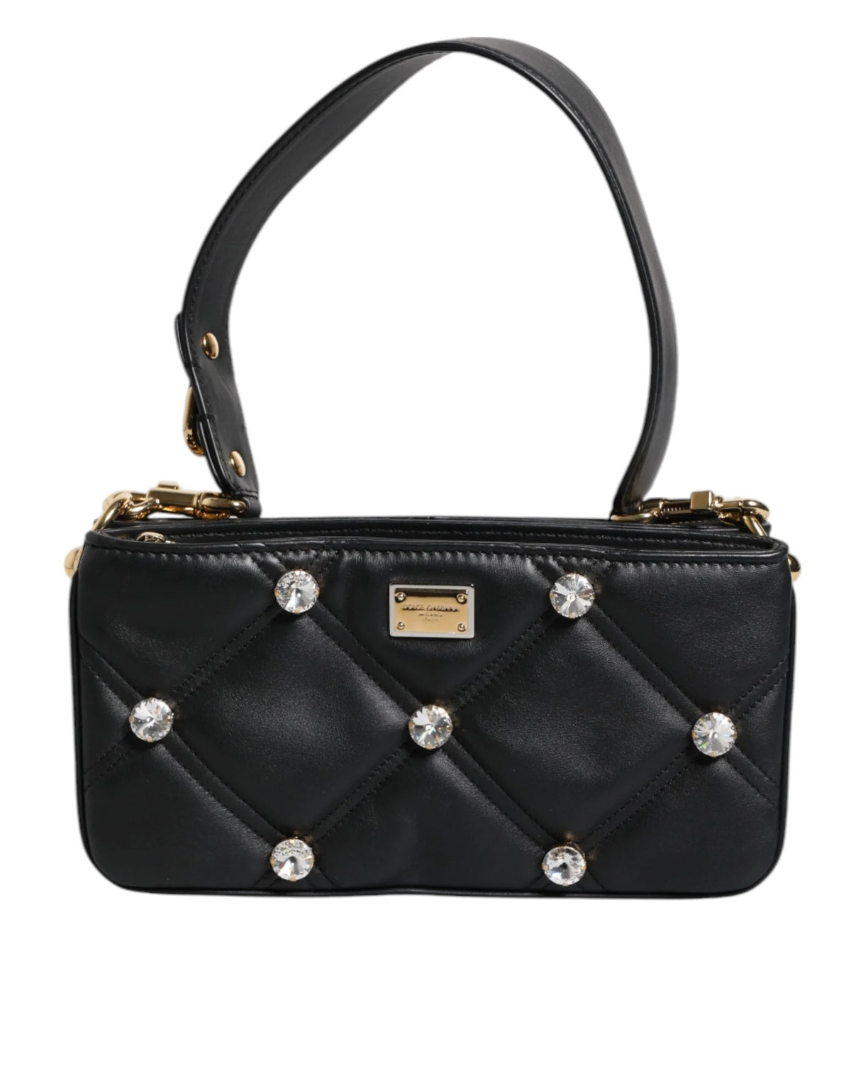 Dolce & Gabbana Black Leather Crystal Embellished Logo Shoulder Bag - Shoulder Bags
