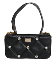 Dolce & Gabbana Black Leather Crystal Embellished Logo Shoulder Bag - Shoulder Bags
