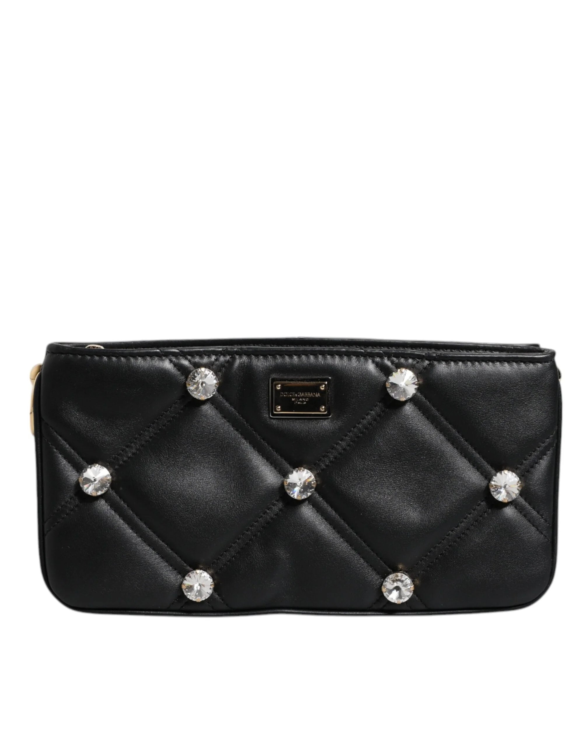 Dolce & Gabbana Black Leather Crystal Embellished Logo Shoulder Bag - Shoulder Bags