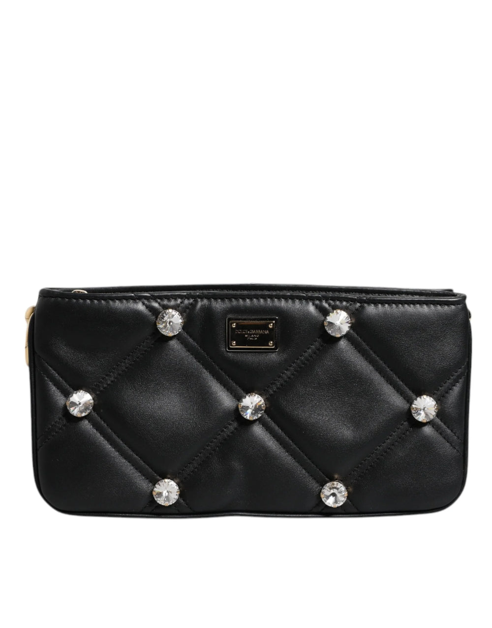 Dolce & Gabbana Black Leather Crystal Embellished Logo Shoulder Bag - Shoulder Bags