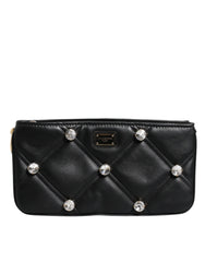 Dolce & Gabbana Black Leather Crystal Embellished Logo Shoulder Bag - Shoulder Bags