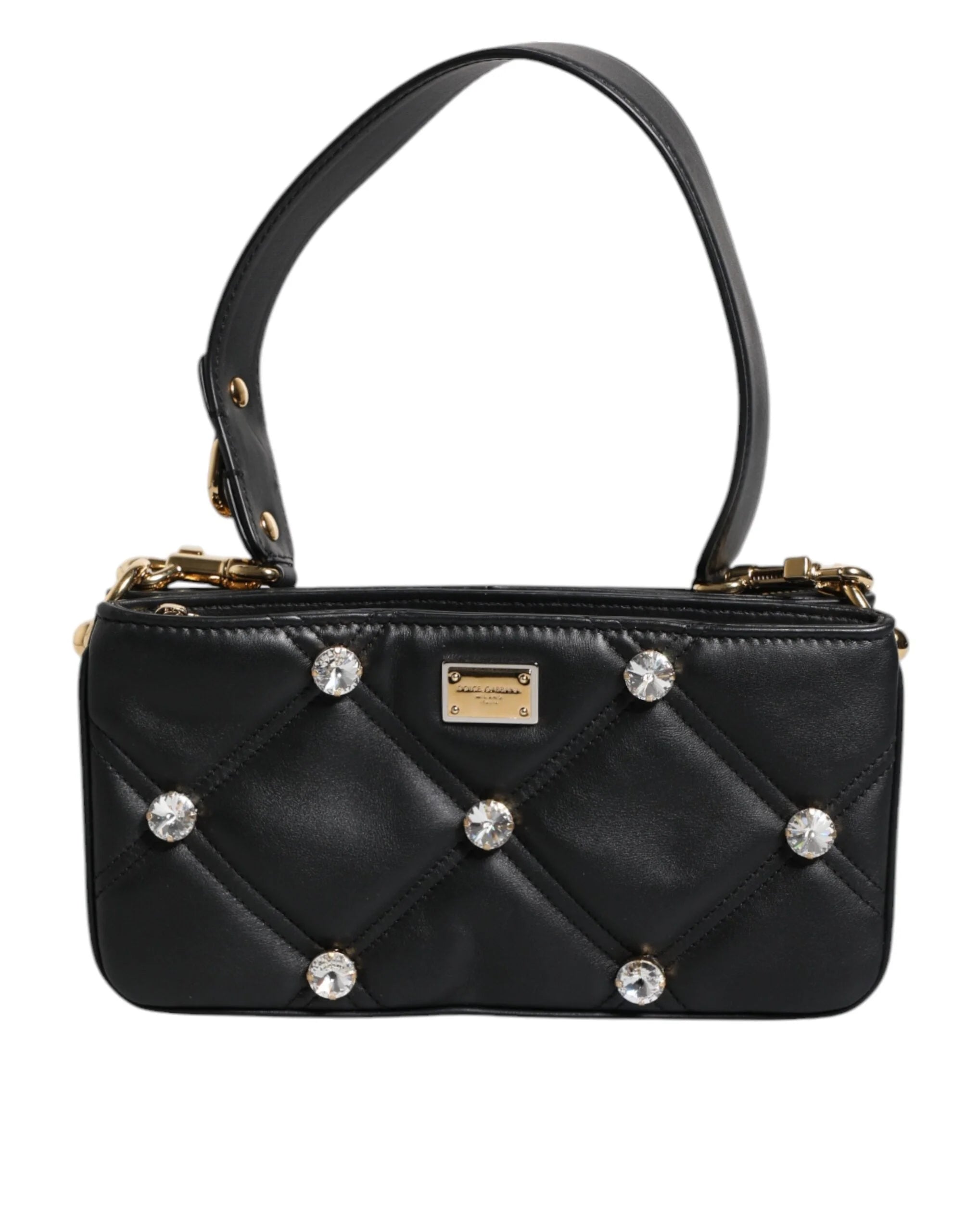 Dolce & Gabbana Black Leather Crystal Embellished Logo Shoulder Bag - Shoulder Bags