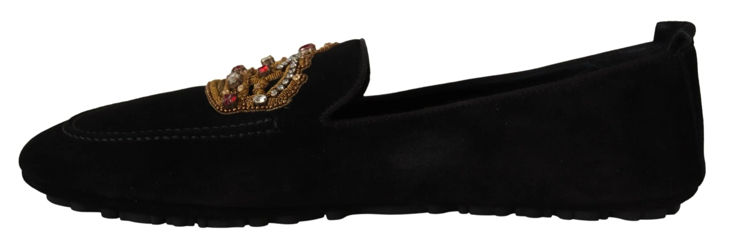 Dolce & Gabbana Black Leather Crystal Gold Crown Loafers Shoes - EU39/US6