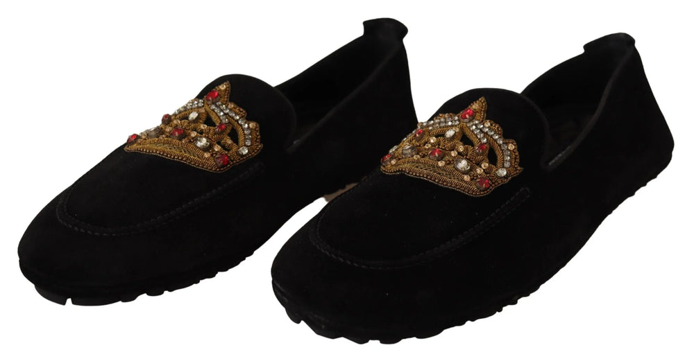 Dolce & Gabbana Black Leather Crystal Gold Crown Loafers Shoes - EU39/US6