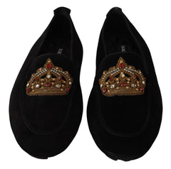 Dolce & Gabbana Black Leather Crystal Gold Crown Loafers Shoes - EU39/US6