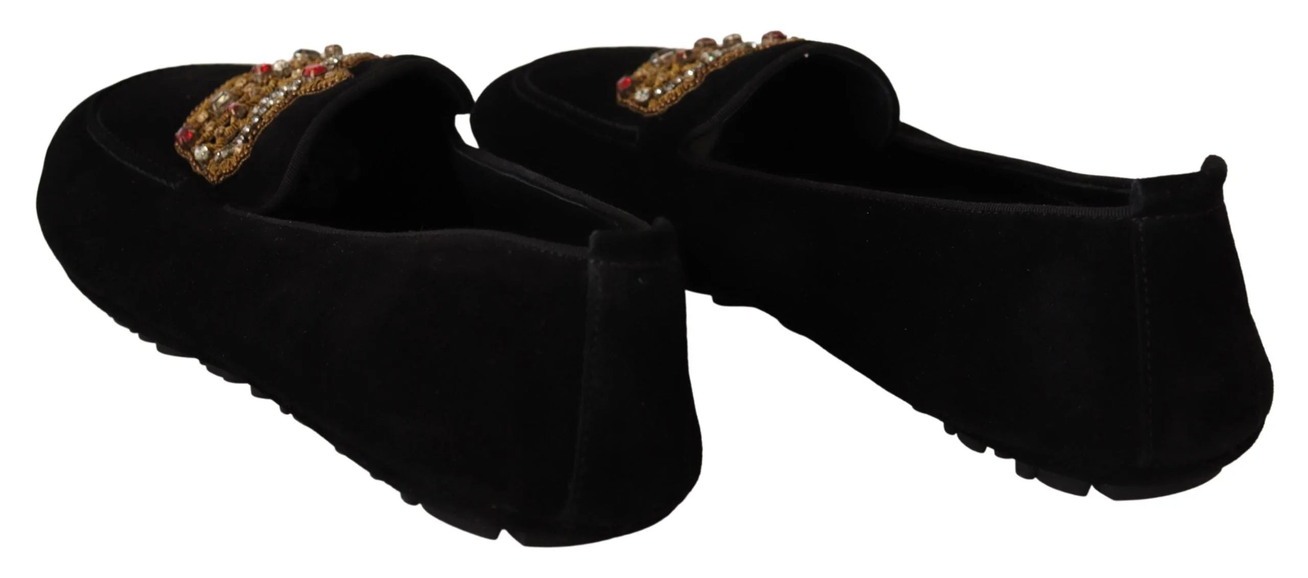 Dolce & Gabbana Black Leather Crystal Gold Crown Loafers Shoes - EU39/US6
