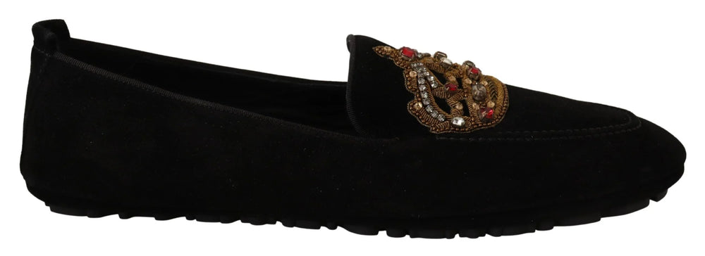 Dolce & Gabbana Black Leather Crystal Gold Crown Loafers Shoes - EU39/US6