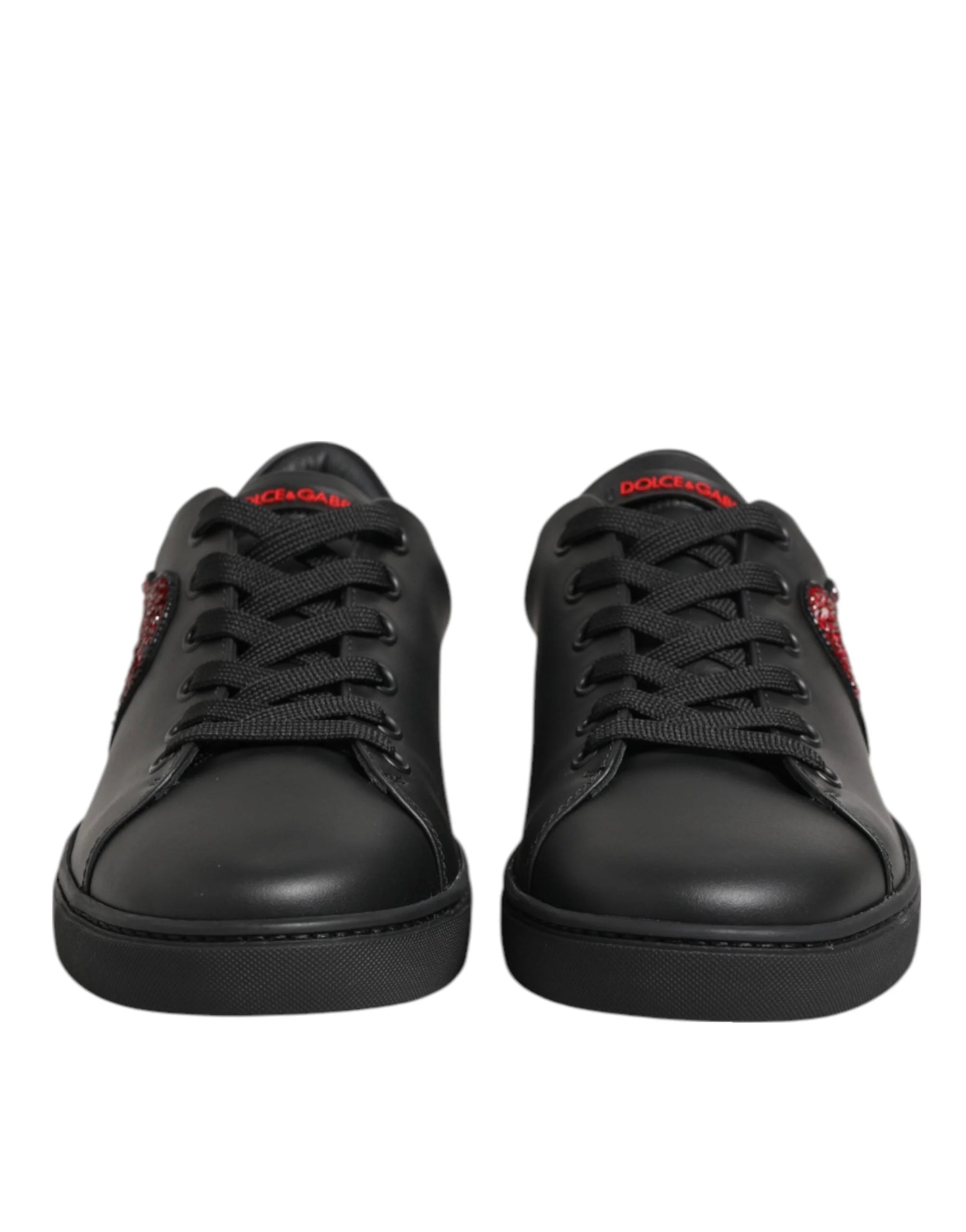 Dolce & Gabbana Black Leather Crystal Heart Low Top Sneakers Shoes - Sneakers