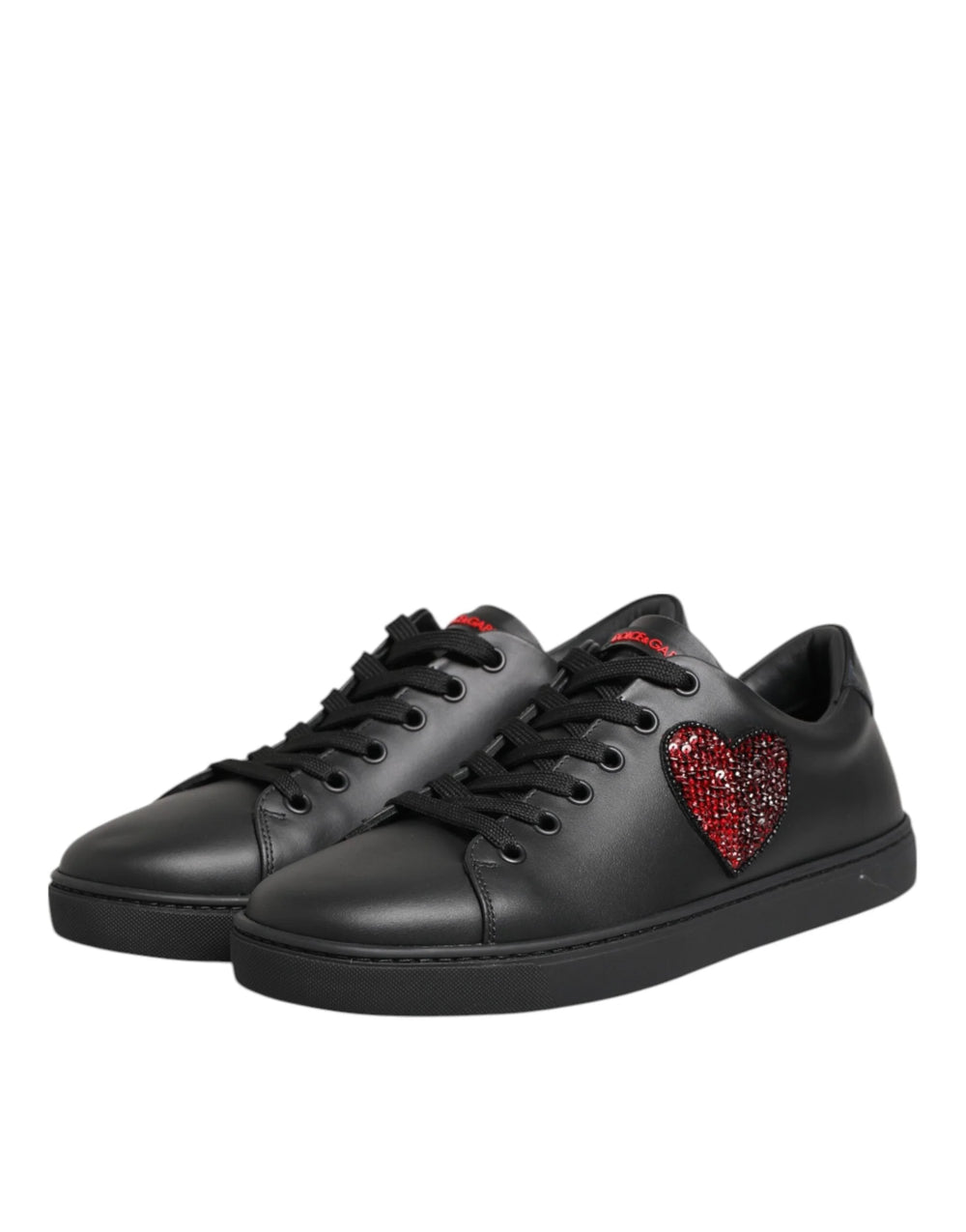 Dolce & Gabbana Black Leather Crystal Heart Low Top Sneakers Shoes - Sneakers