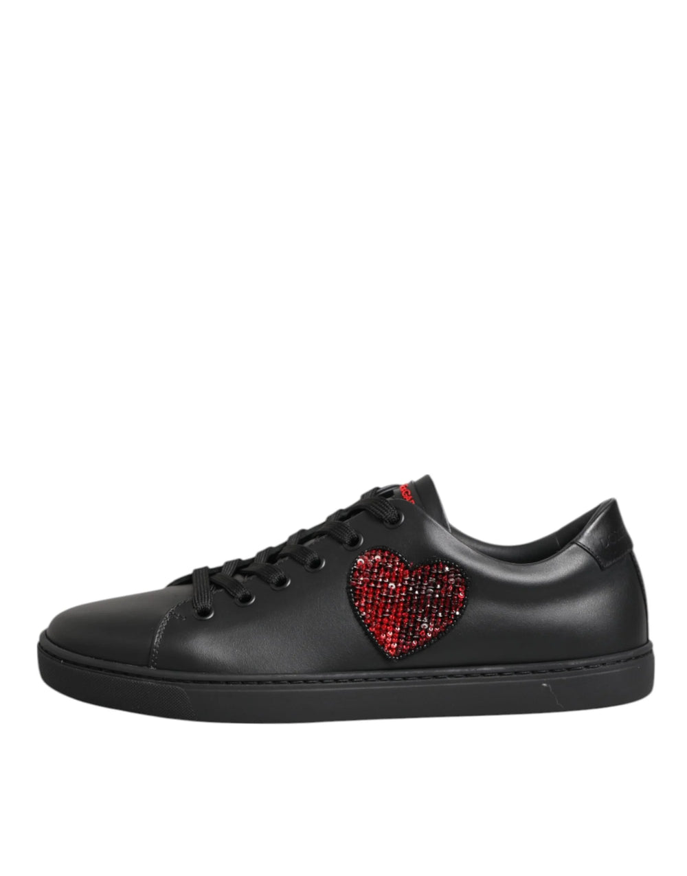 Dolce & Gabbana Black Leather Crystal Heart Low Top Sneakers Shoes - Sneakers