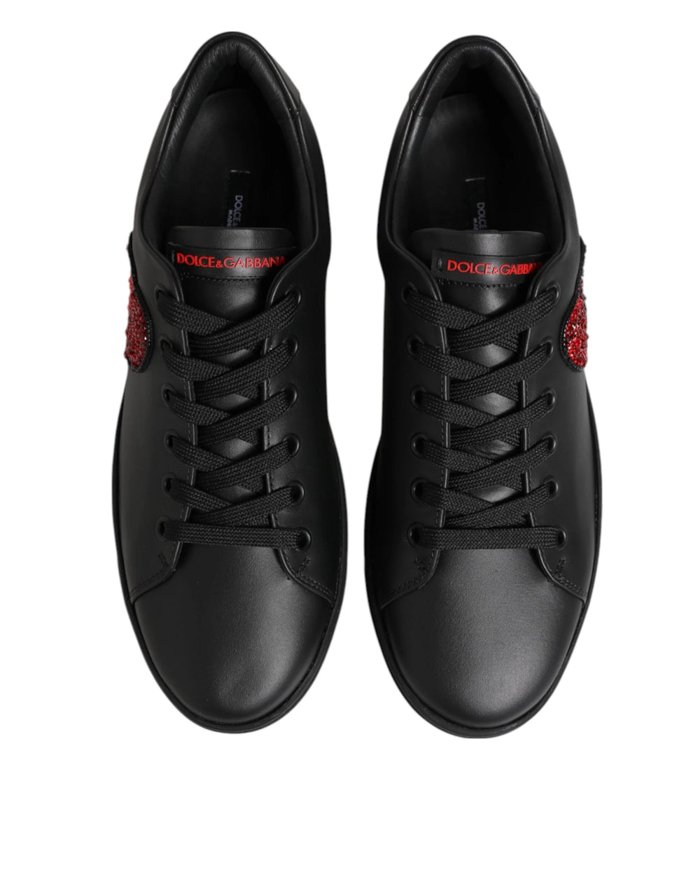 Dolce & Gabbana Black Leather Crystal Heart Low Top Sneakers Shoes - Sneakers