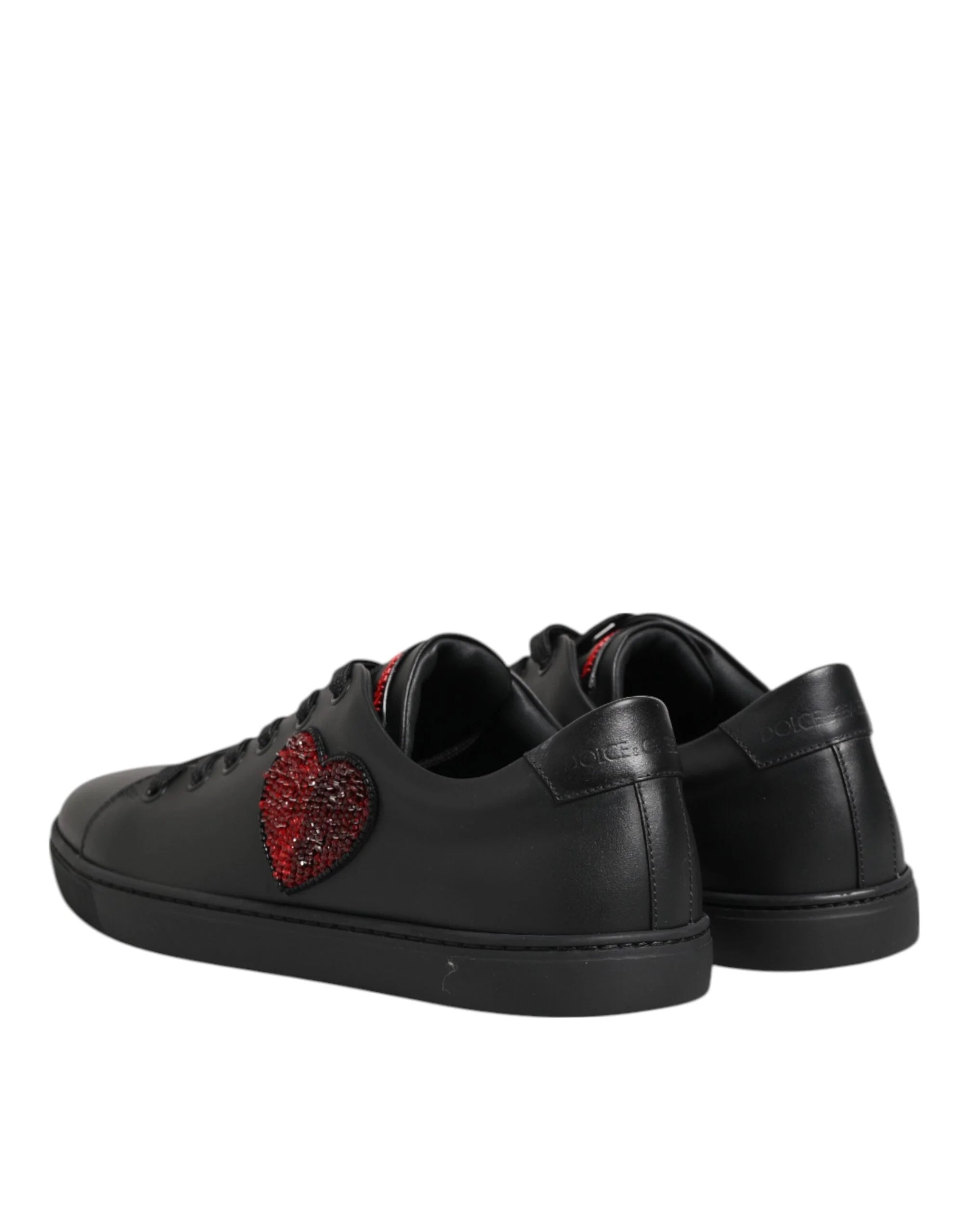 Dolce & Gabbana Black Leather Crystal Heart Low Top Sneakers Shoes - Sneakers