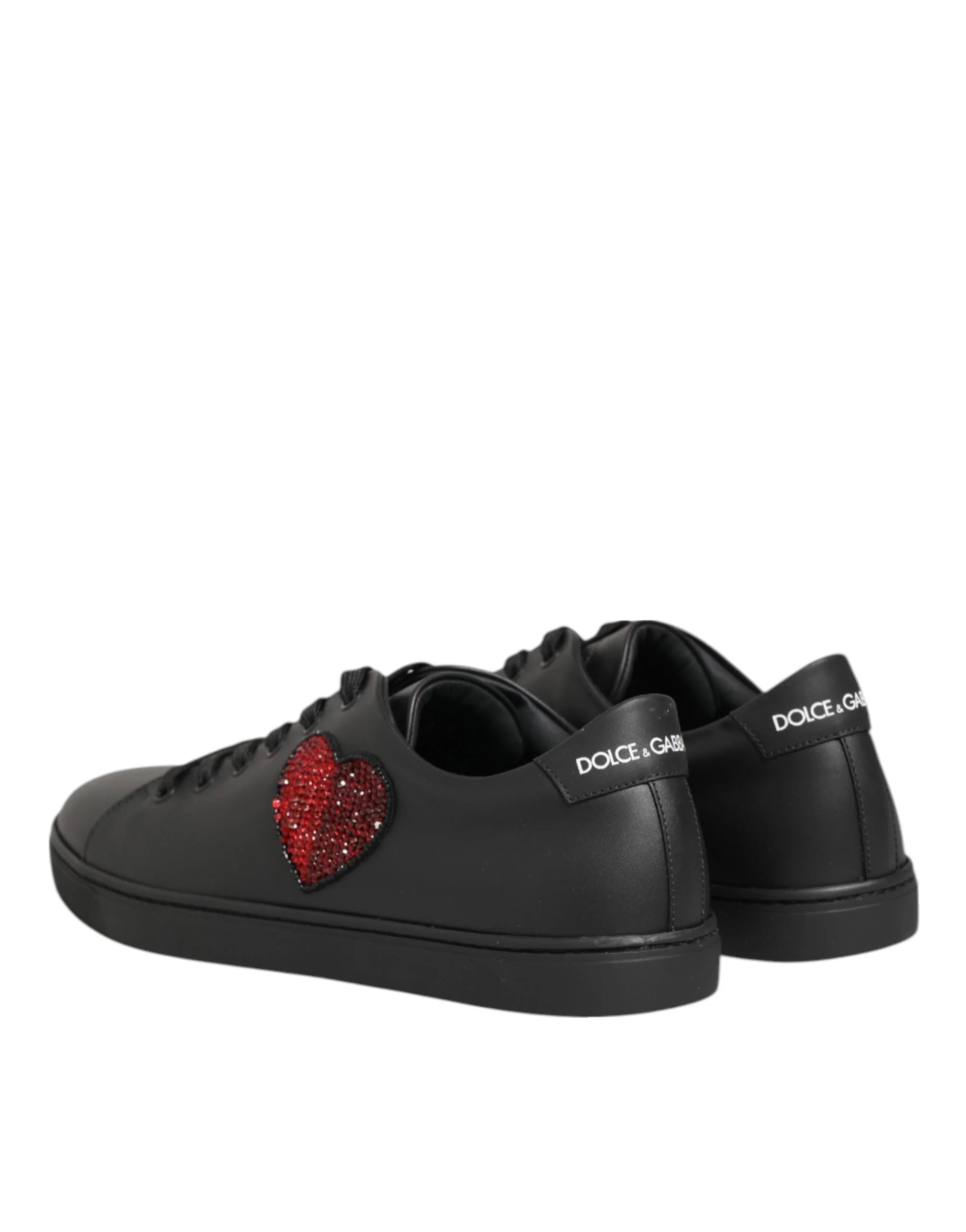 Dolce & Gabbana Black Leather Crystal Heart Sneakers Shoes - Sneakers