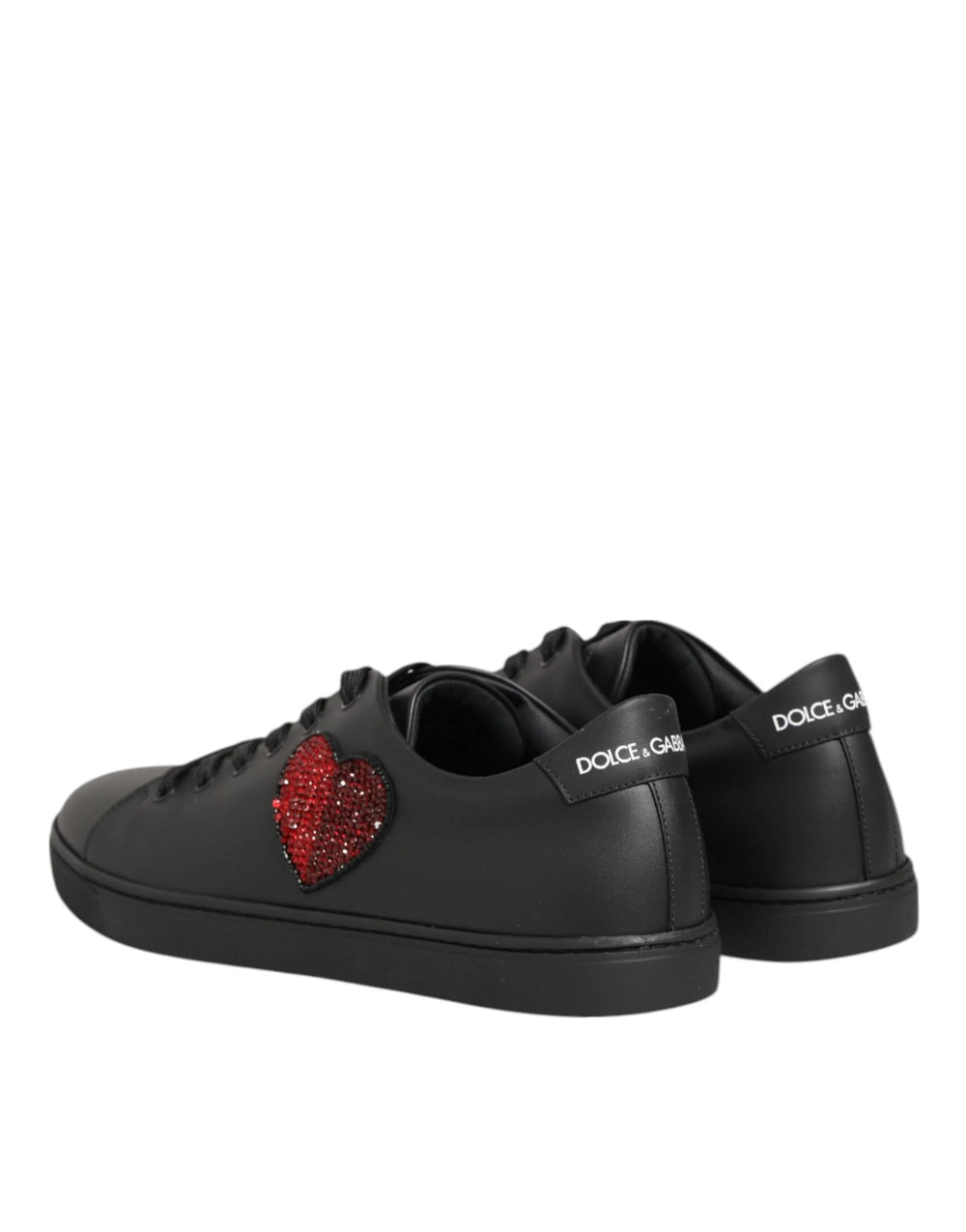 Dolce & Gabbana Black Leather Crystal Heart Sneakers Shoes - Sneakers