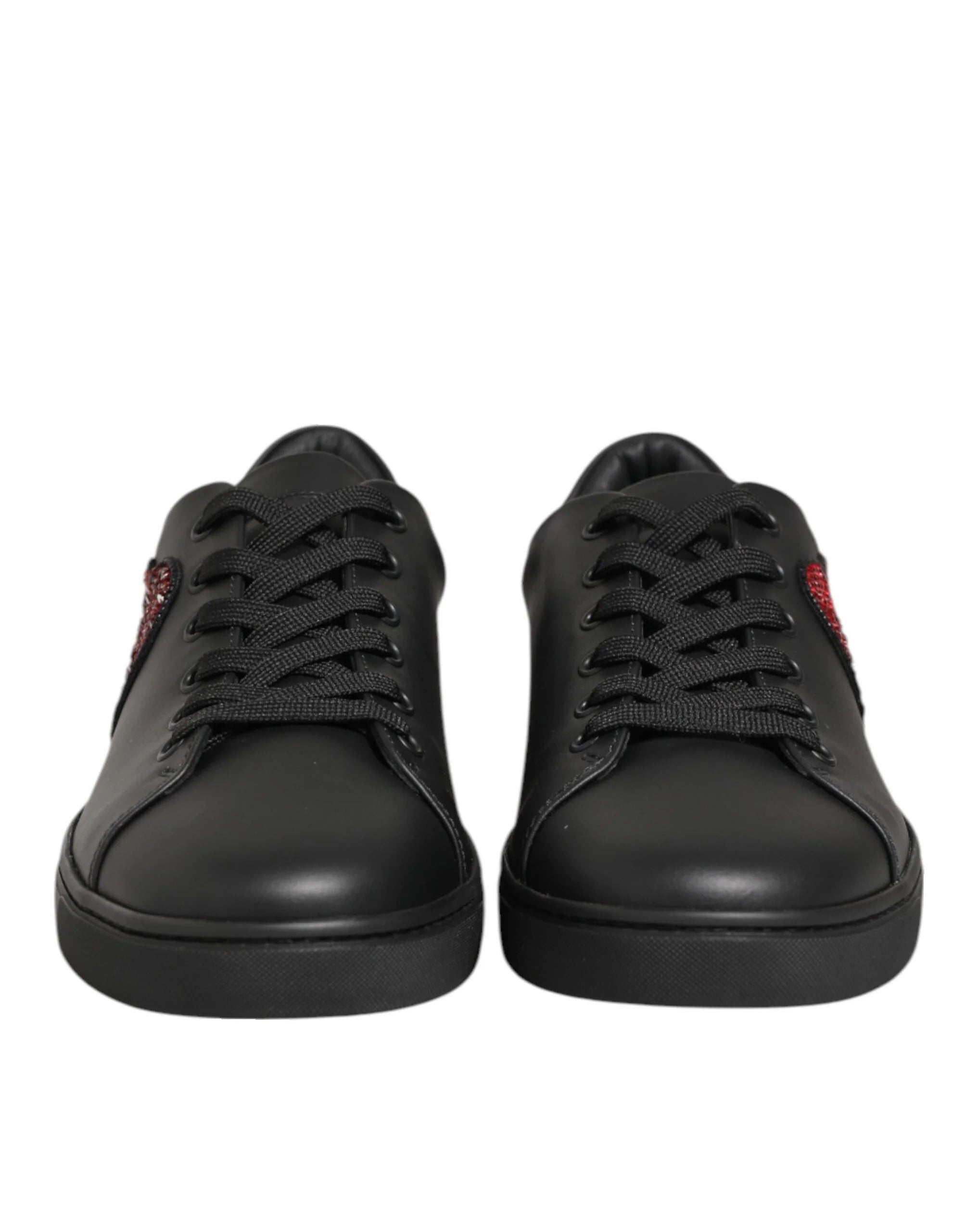 Dolce & Gabbana Black Leather Crystal Heart Sneakers Shoes - Sneakers