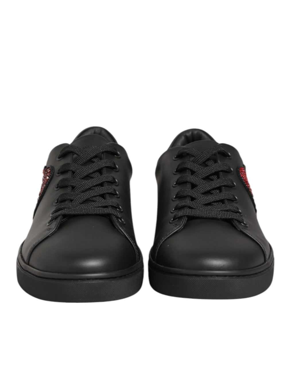 Dolce & Gabbana Black Leather Crystal Heart Sneakers Shoes - Sneakers