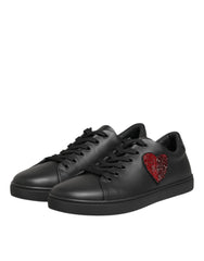Dolce & Gabbana Black Leather Crystal Heart Sneakers Shoes - Sneakers