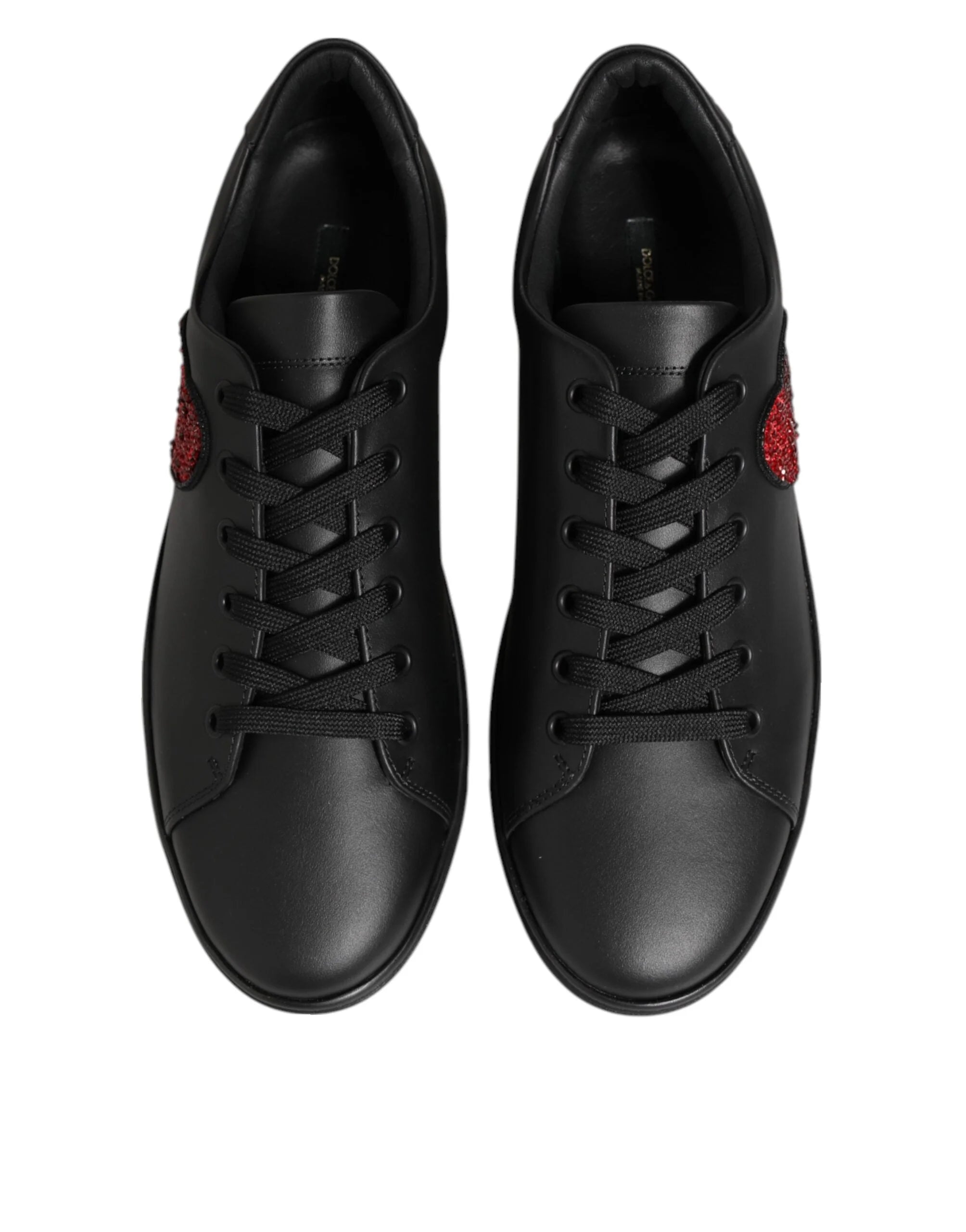 Dolce & Gabbana Black Leather Crystal Heart Sneakers Shoes - Sneakers