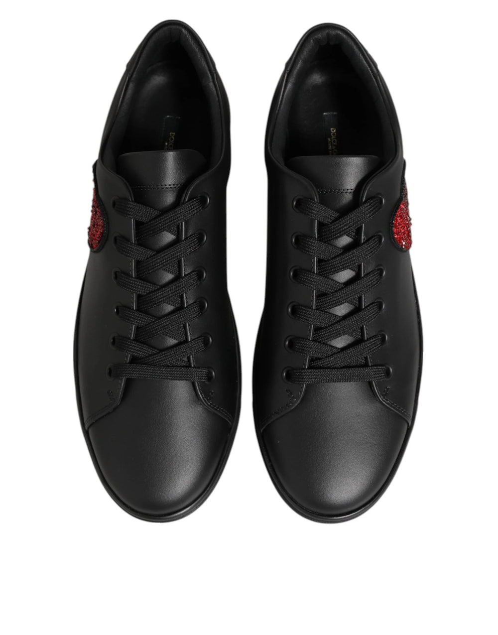 Dolce & Gabbana Black Leather Crystal Heart Sneakers Shoes - Sneakers