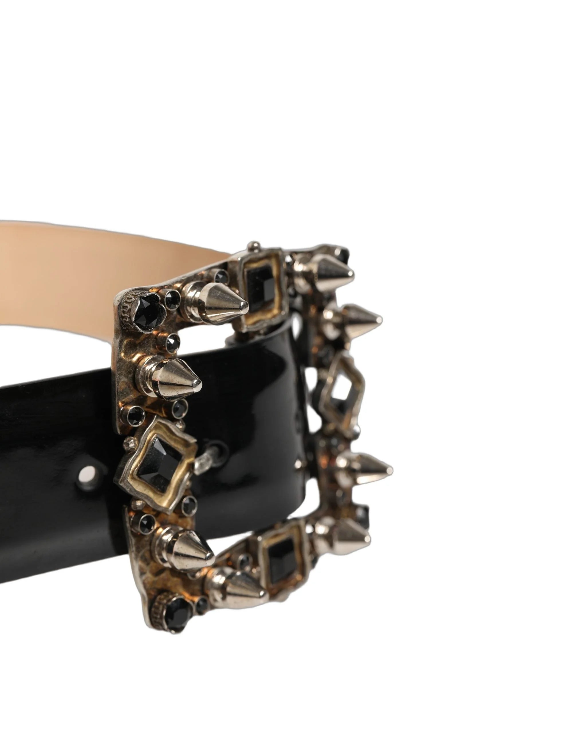 Dolce & Gabbana zwarte leren riem met een decoratieve zilverkleurige metalen gesp met kristalversieringen.