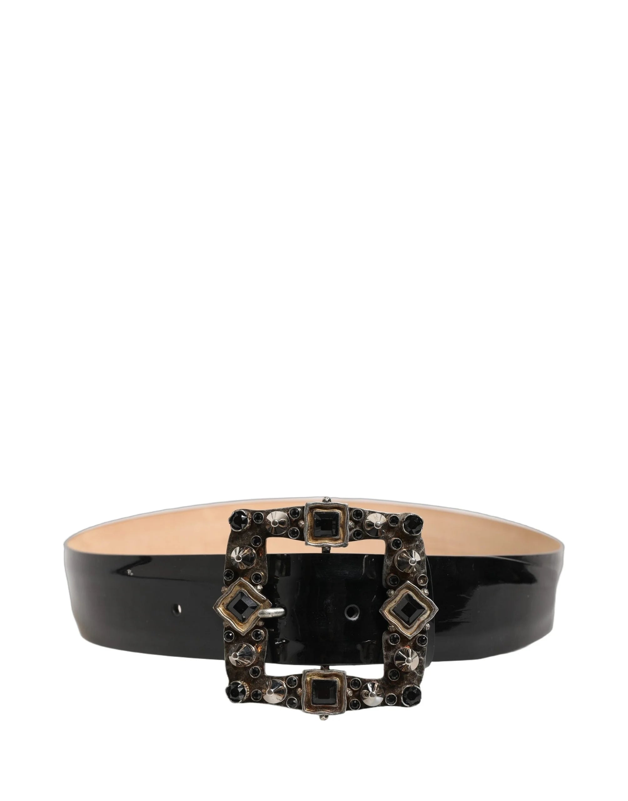 Volledige lengte van de Dolce & Gabbana zwarte lederen riem met kristalgesp, verkrijgbaar in maten van 70 cm tot 105 cm.