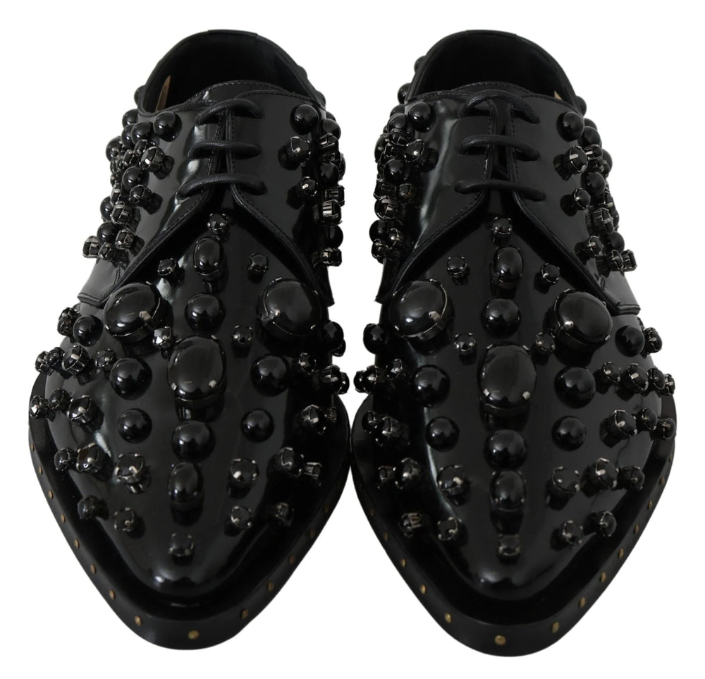 Dolce & Gabbana Black Leather Crystals Dress Broque Shoes - EU39/US8.5 - Flats