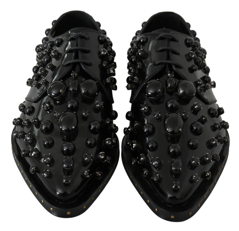 Dolce & Gabbana Black Leather Crystals Dress Broque Shoes - EU40/US9.5 - Flats