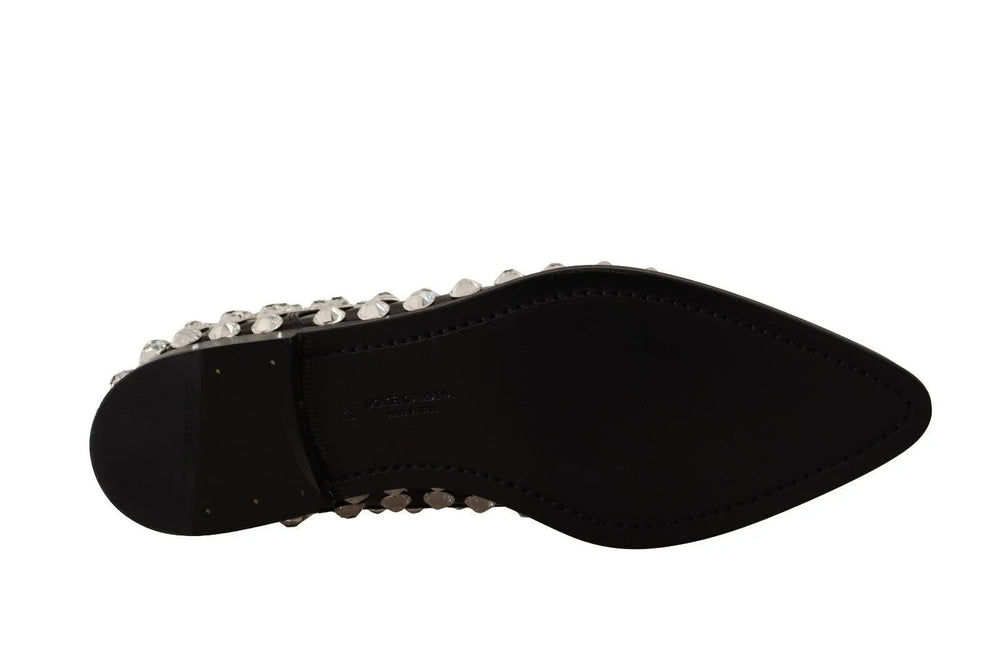 Dolce & Gabbana Black Leather Crystals Lace Up Formal Shoes - EU41/US10.5 - Flats