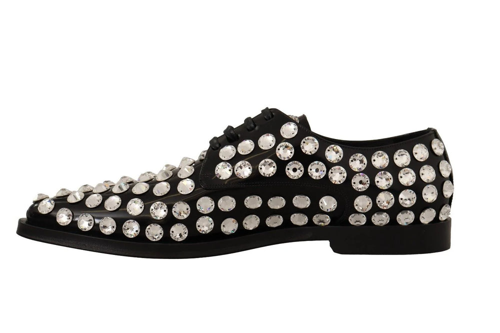 Dolce & Gabbana Black Leather Crystals Lace Up Formal Shoes - EU41/US10.5 - Flats