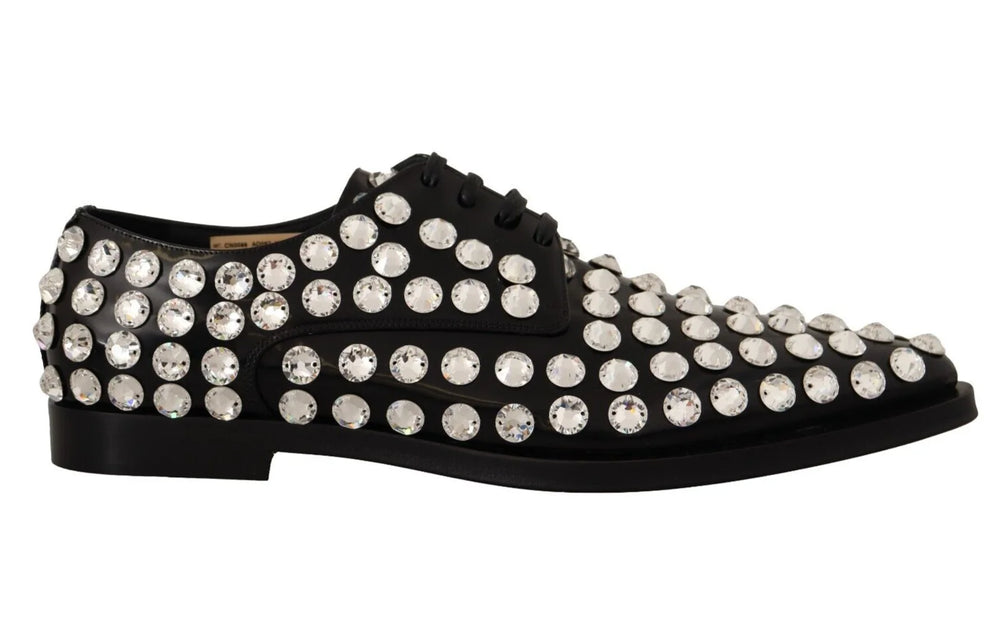 Dolce & Gabbana Black Leather Crystals Lace Up Formal Shoes - EU41/US10.5 - Flats