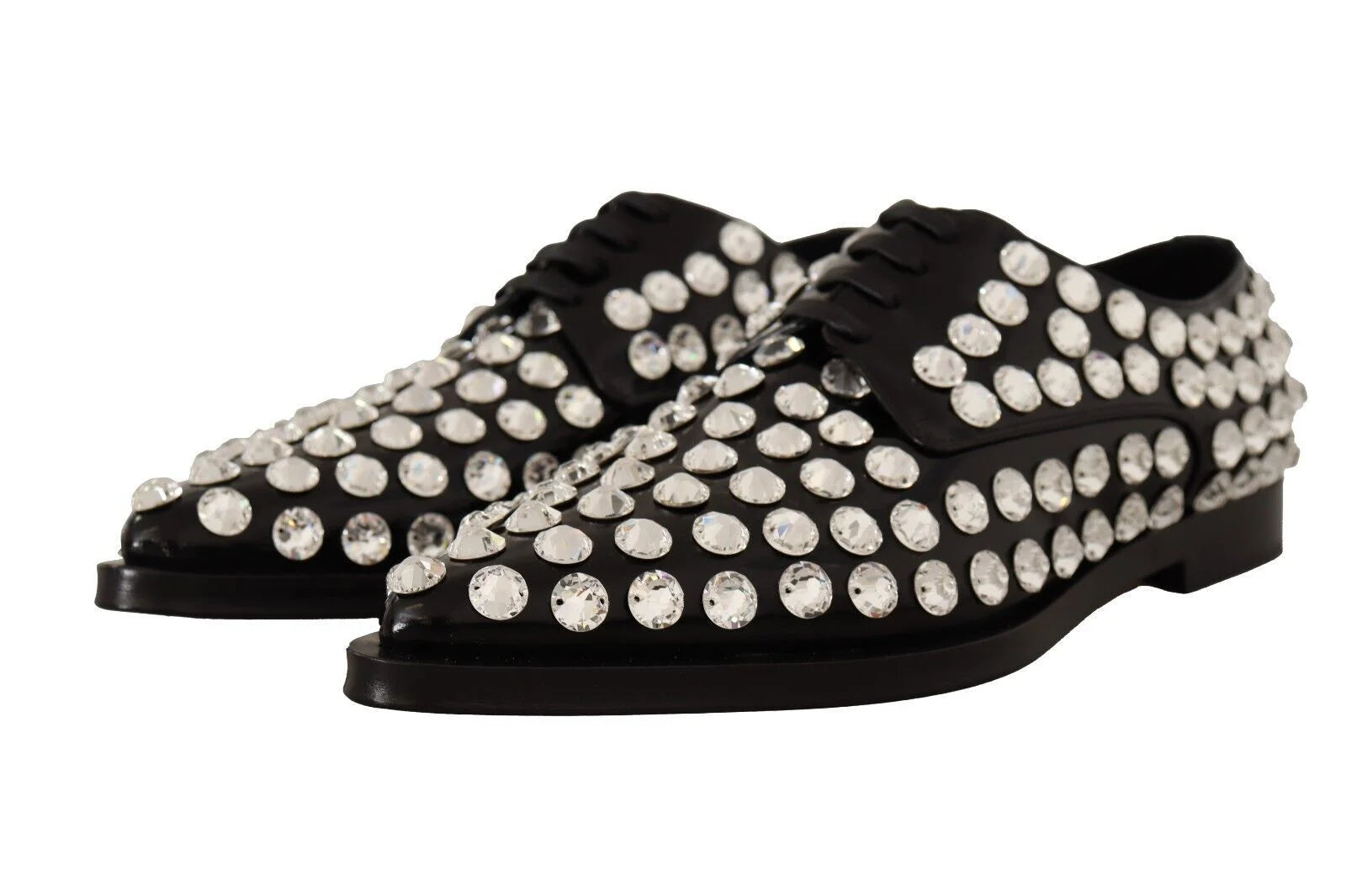 Dolce & Gabbana Black Leather Crystals Lace Up Formal Shoes - EU41/US10.5 - Flats