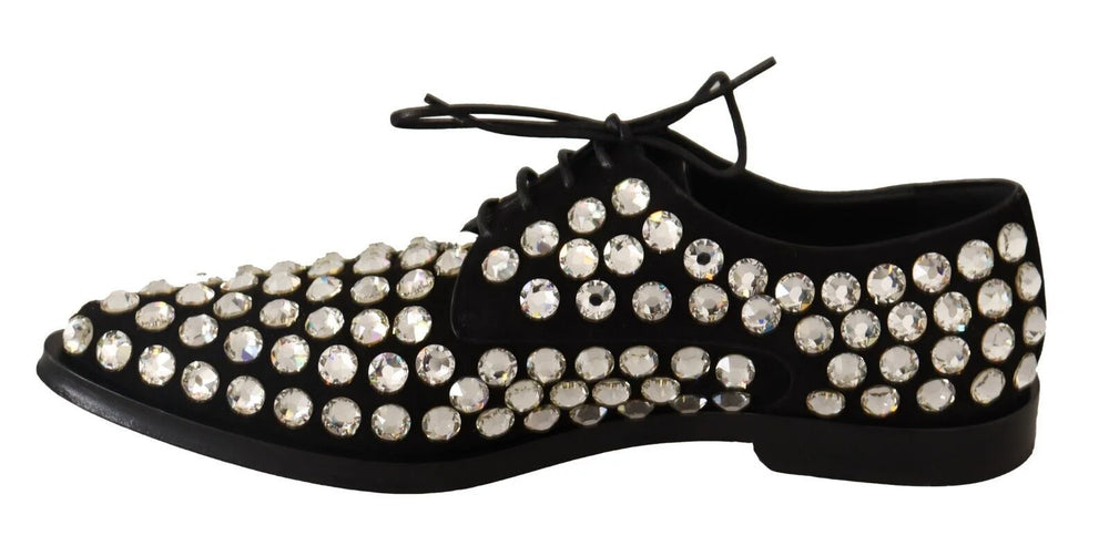 Dolce & Gabbana Black Leather Crystals Lace Up Formal Shoes - Flats