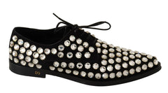 Dolce & Gabbana Black Leather Crystals Lace Up Formal Shoes - Flats