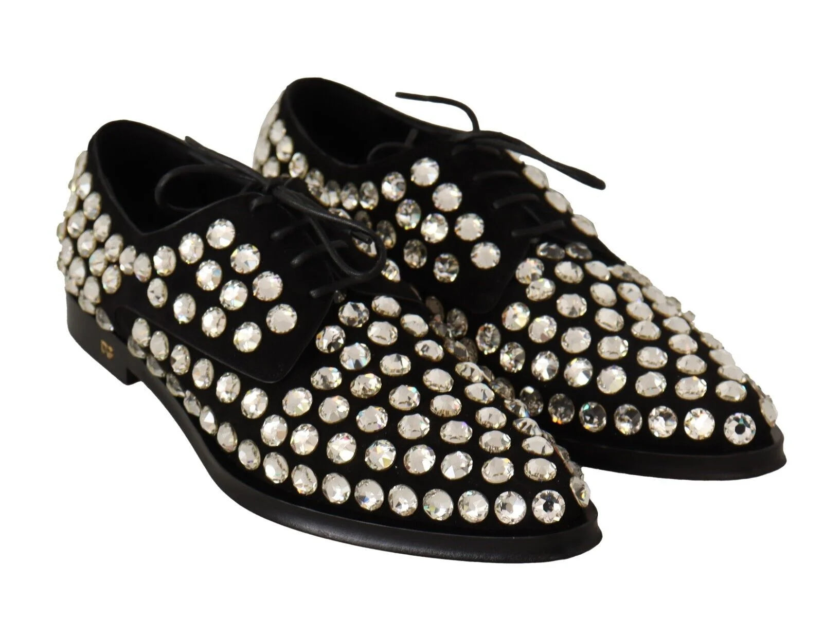 Dolce & Gabbana Black Leather Crystals Lace Up Formal Shoes - Flats