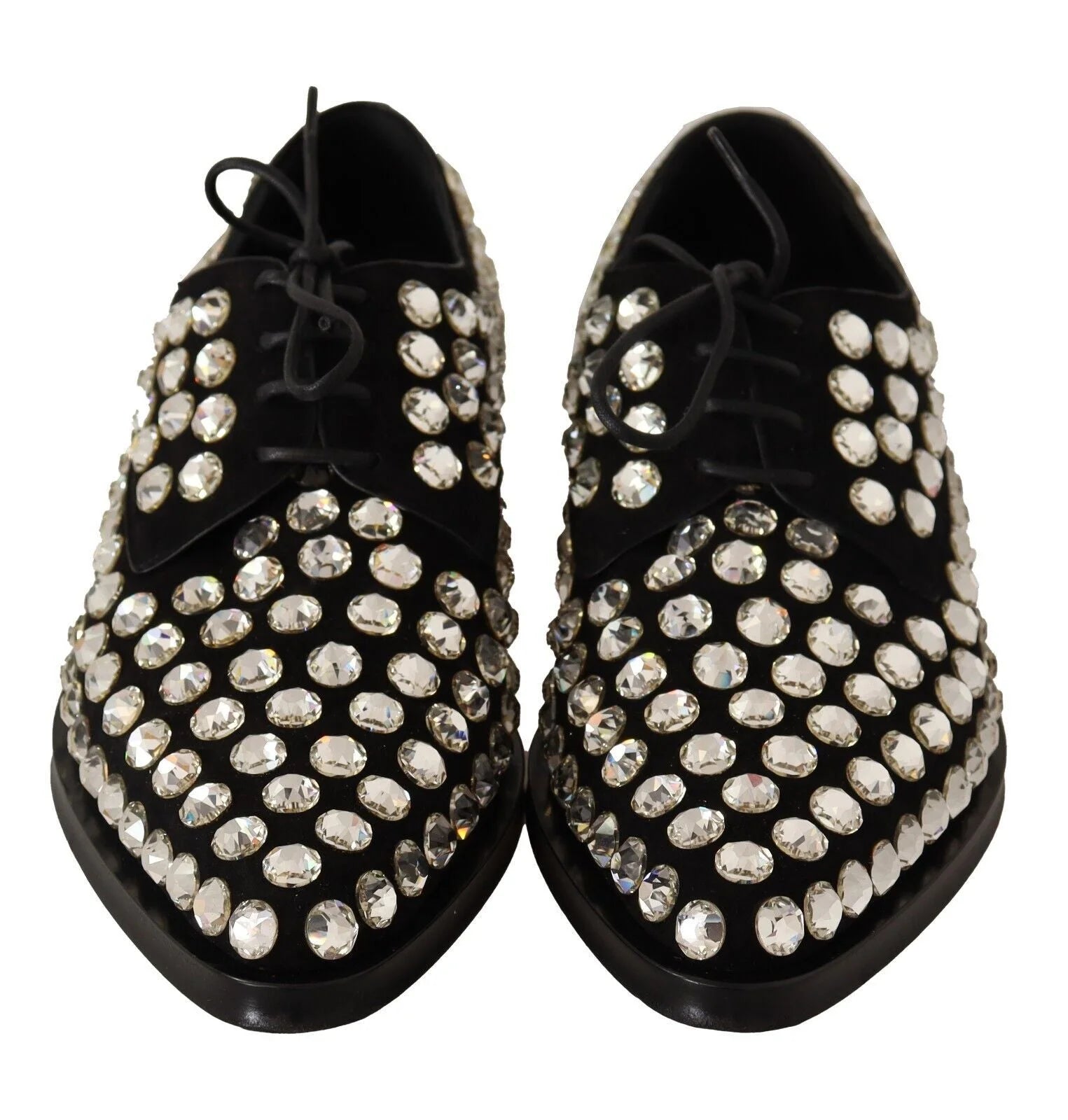 Dolce & Gabbana Black Leather Crystals Lace Up Formal Shoes - Flats