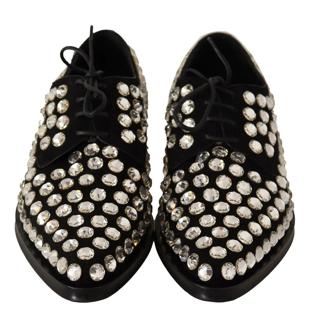 Dolce & Gabbana Black Leather Crystals Lace Up Formal Shoes - Flats