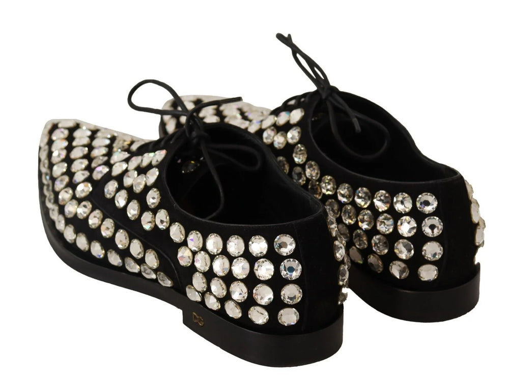 Dolce & Gabbana Black Leather Crystals Lace Up Formal Shoes - Flats