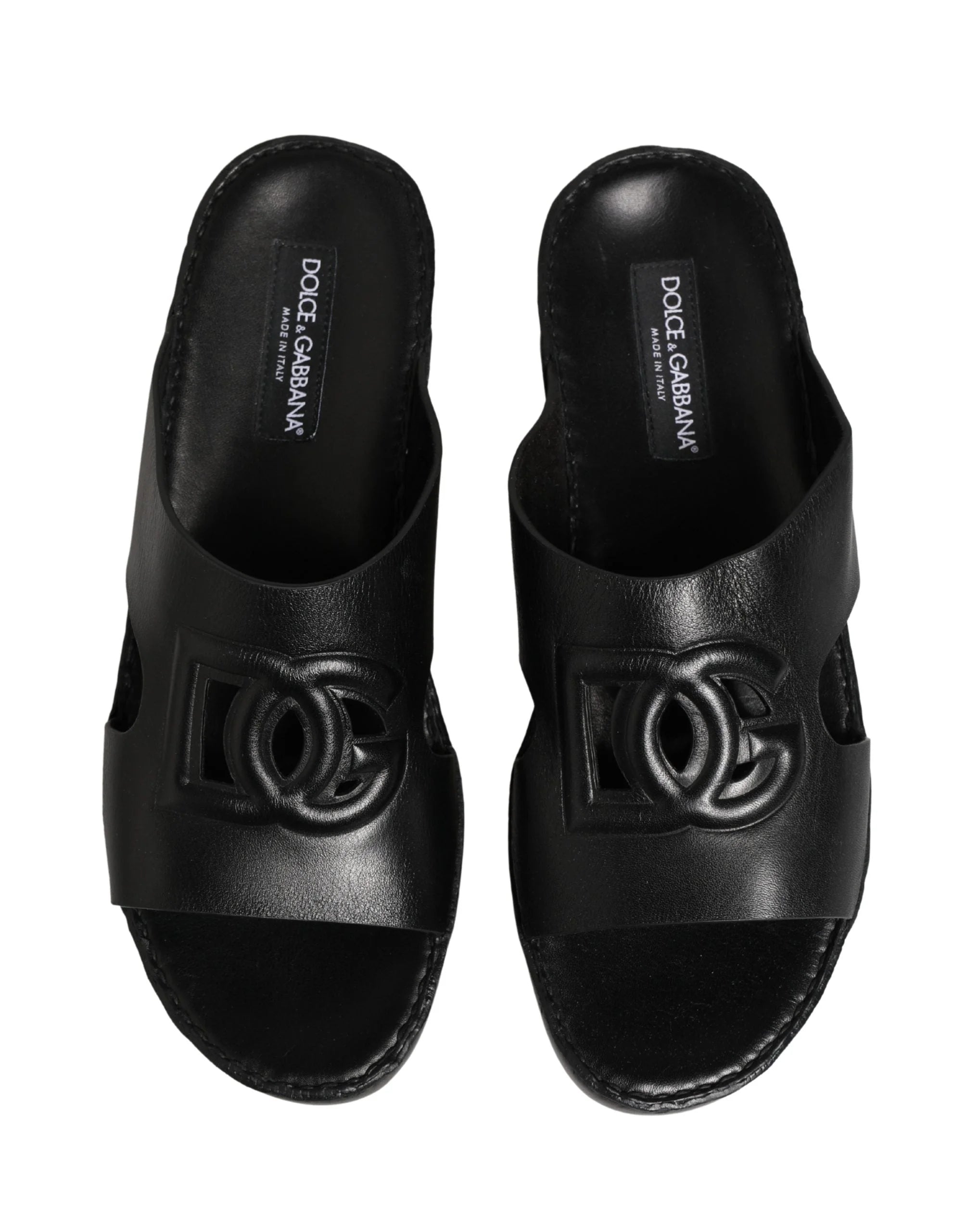 Dolce & Gabbana Black Leather Cutout DG Logo Sandals Shoes - EU44/US11