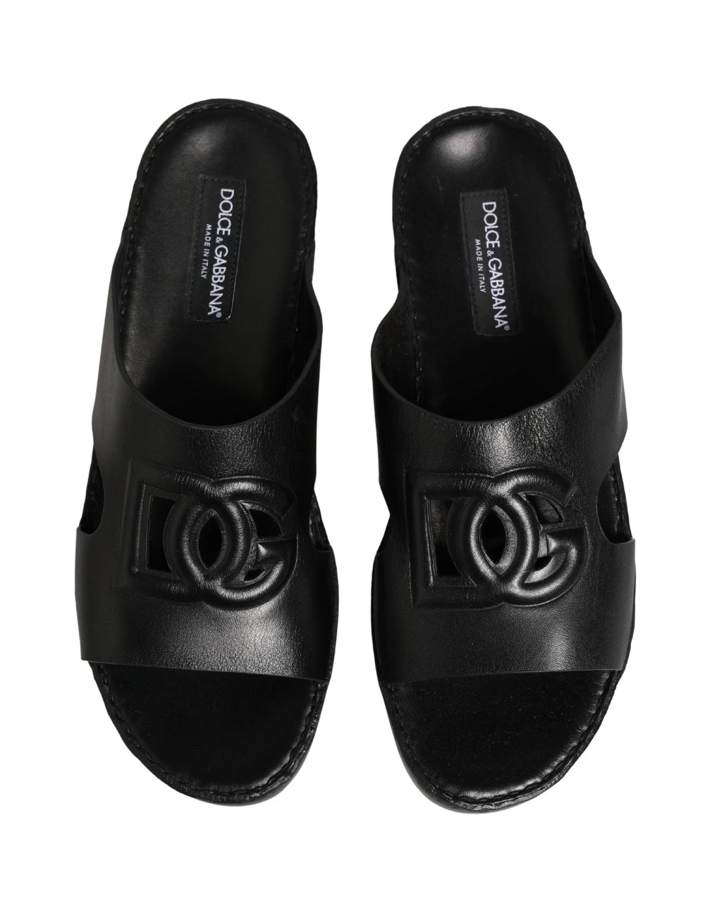 Dolce & Gabbana Black Leather Cutout DG Logo Sandals Shoes - EU44/US11