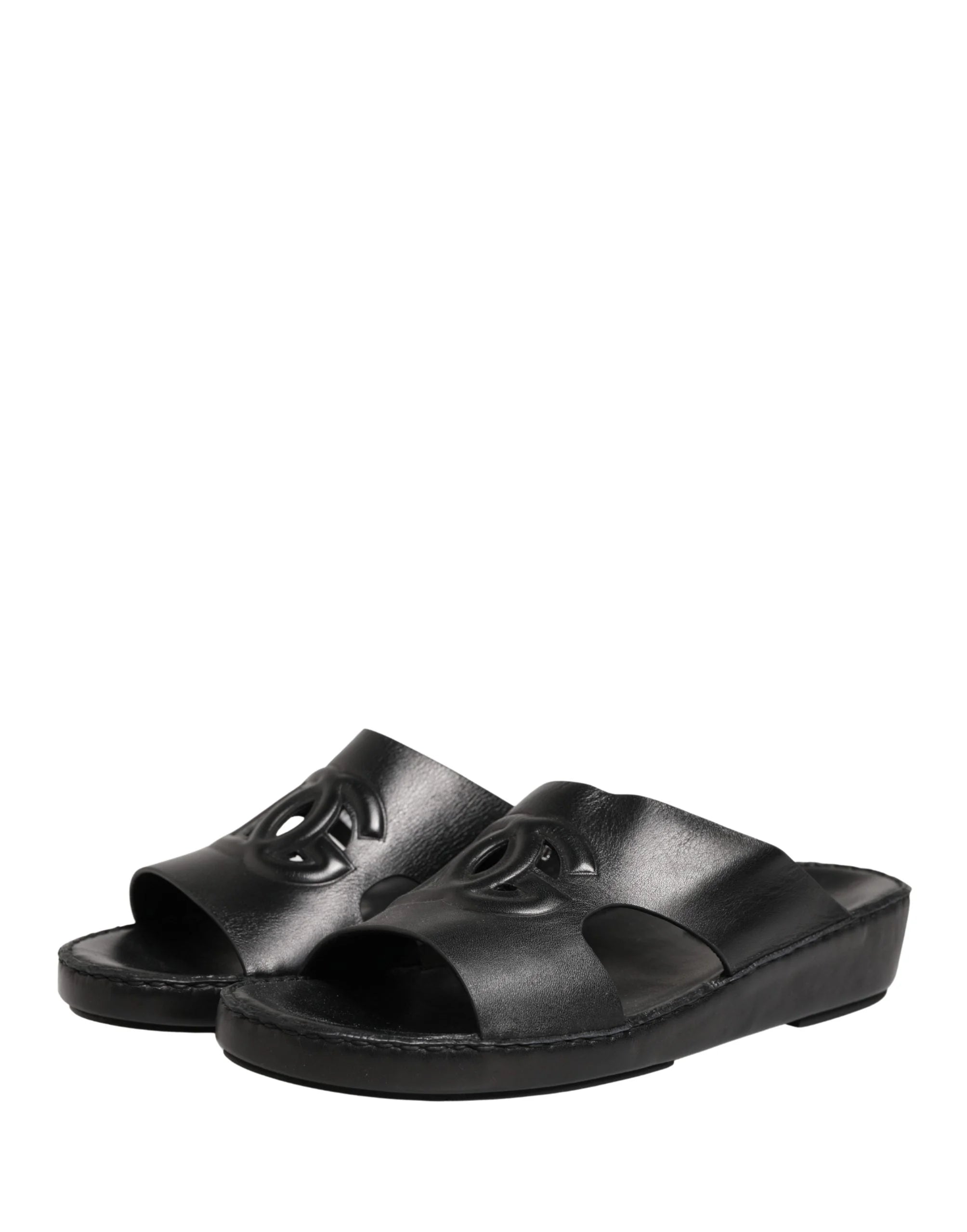 Dolce & Gabbana Black Leather Cutout DG Logo Sandals Shoes - EU44/US11