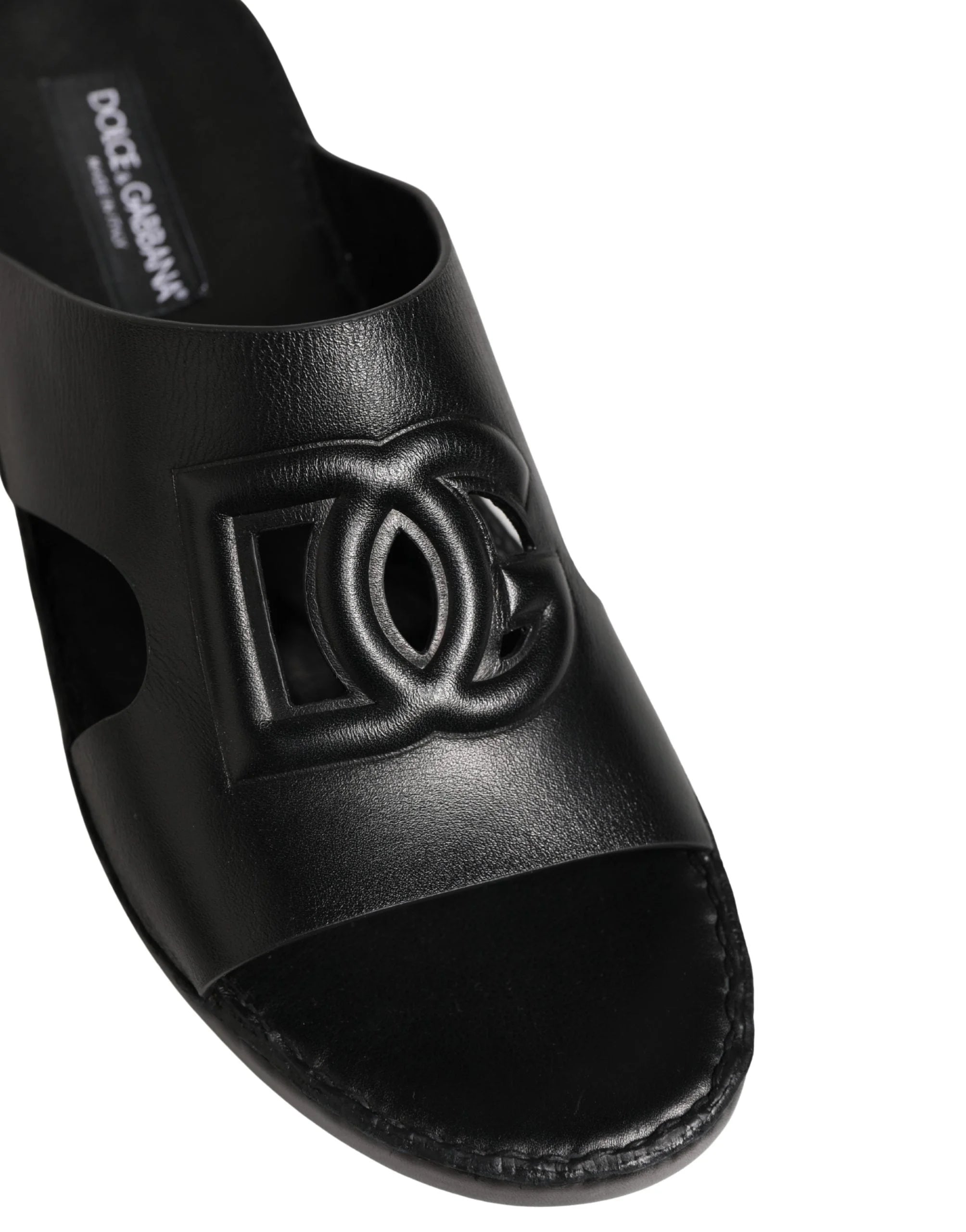 Dolce & Gabbana Black Leather Cutout DG Logo Sandals Shoes - EU44/US11