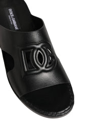 Dolce & Gabbana Black Leather Cutout DG Logo Sandals Shoes - EU44/US11