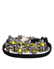 Dolce & Gabbana Black Leather Daisy Crystal Embellish Waist Belt - Belts