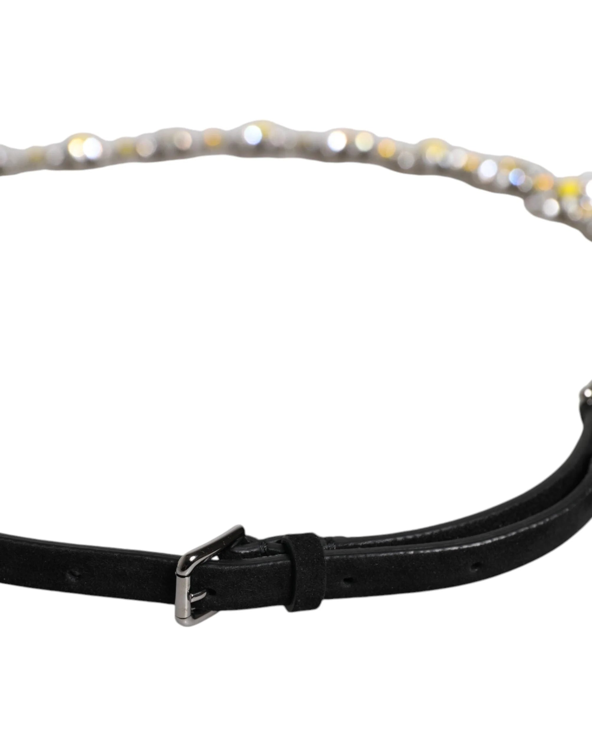 Dolce & Gabbana Black Leather Daisy Crystal Embellish Waist Belt - Belts