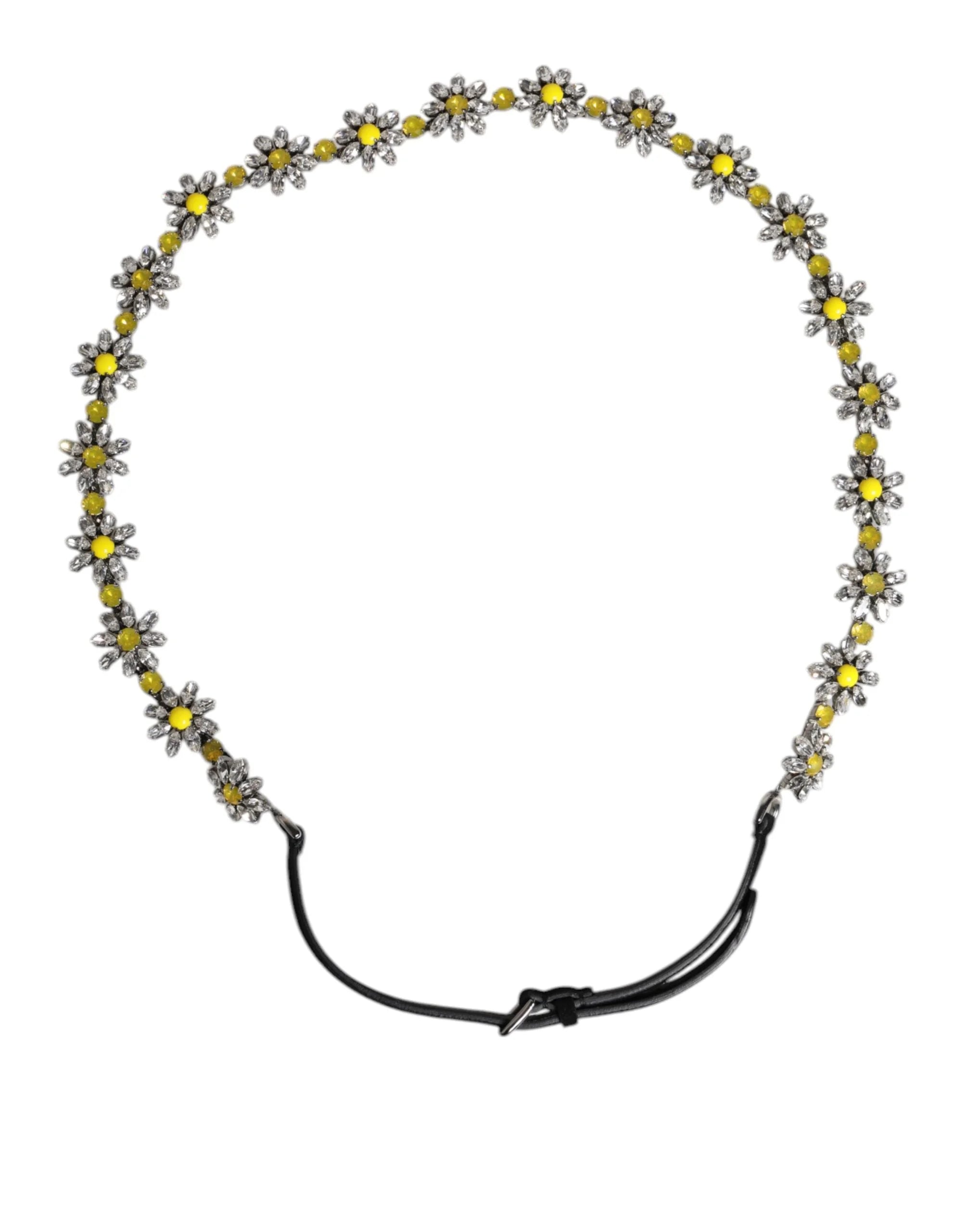 Dolce & Gabbana Black Leather Daisy Crystal Embellish Waist Belt - Belts