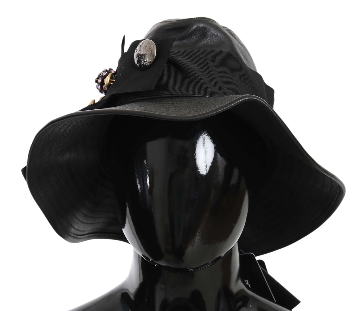 Dolce & Gabbana Black Leather DG Coin Crystal Wide Brim Hat - 56 cm|XS