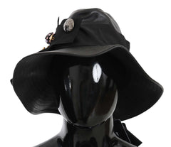 Dolce & Gabbana Black Leather DG Coin Crystal Wide Brim Hat - 56 cm|XS
