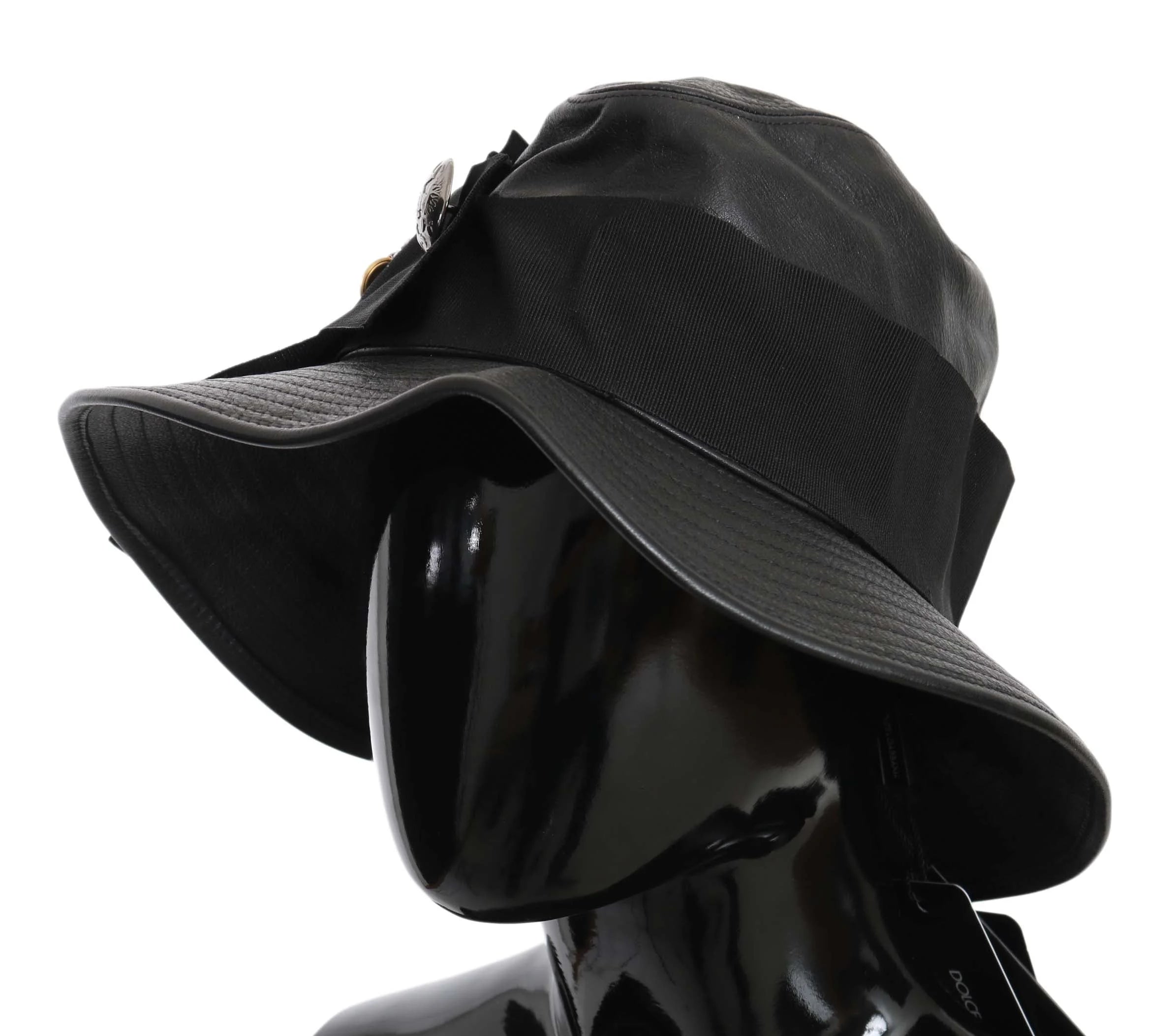 Dolce & Gabbana Black Leather DG Coin Crystal Wide Brim Hat - 56 cm|XS